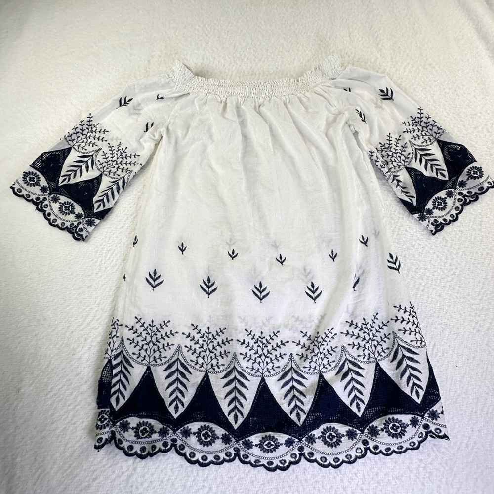 Blue Island Tunic Top Womens M  Embroidered Boho Cotton Lace Lagenlook Eyelet